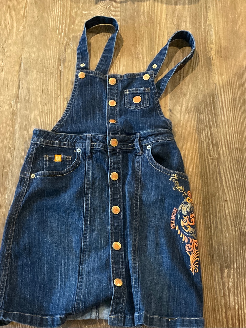 Y2K Apple Bottoms Dark Blue Denim Overall Skirt with Orange Embroidery